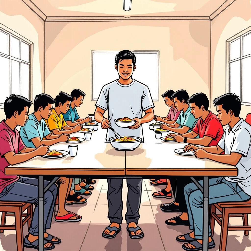 A young Filipino man serves food to a group of men and adolescents in a dining hall. The room is warm and softly lit. Tables are arranged on either side with people facing inward. The server is smiling gently while serving a bowl of food.