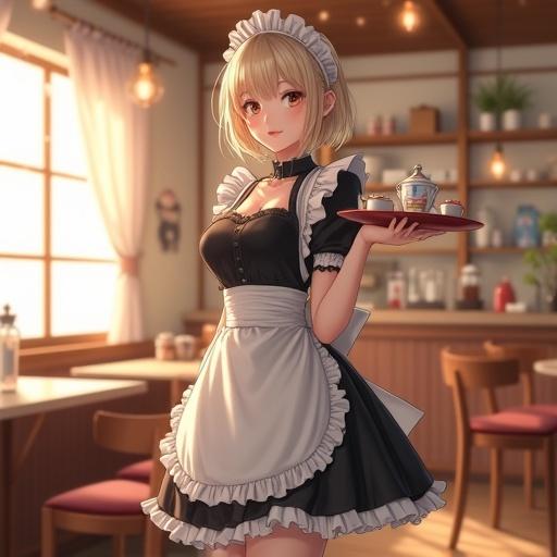 Realistic full-body portrait of a young woman dressed as a maid in a modern Japanese maid café. Elegant black-and-white maid uniform with lace and ruffles. Pale golden hair styled with waves and a lace headband. Warm indoor lighting. Holding a tray with a parfait and displaying a warm smile. Cozy café background with wooden floors and pastel walls.