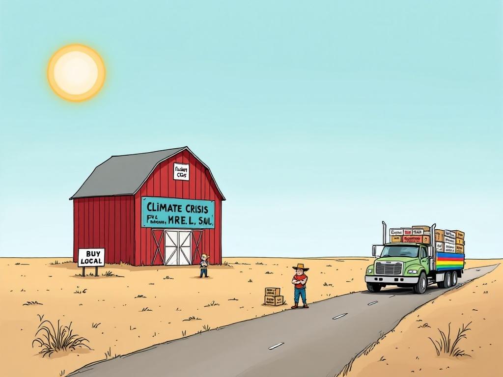 Political cartoon depicting a large red barn in a vast field under the sun. A farmer in a MAGA hat stands in front of a deserted roadside farm stand. The truck in background carries crates, driving away into the horizon. Farmer speaks about cattle.