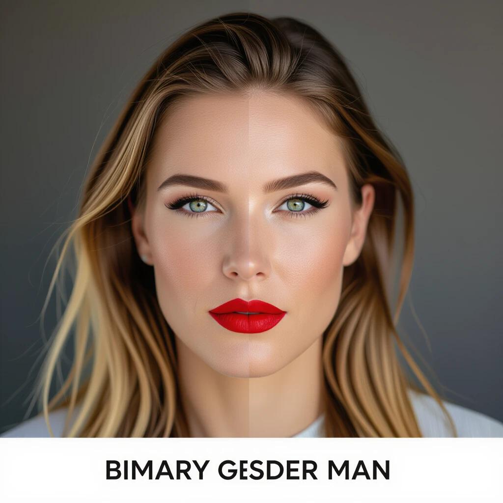 Closeup shot of a transgender man wearing red lipstick and having long hair. Focus on facial features without revealing identity.