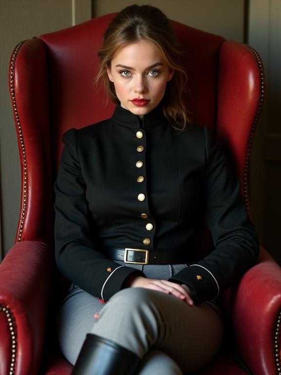 A girl with light brown hair and hazel eyes wears a black 19th century military uniform. Gray trousers and black boots complete the look. She sits on a red leather chair with crossed legs.
