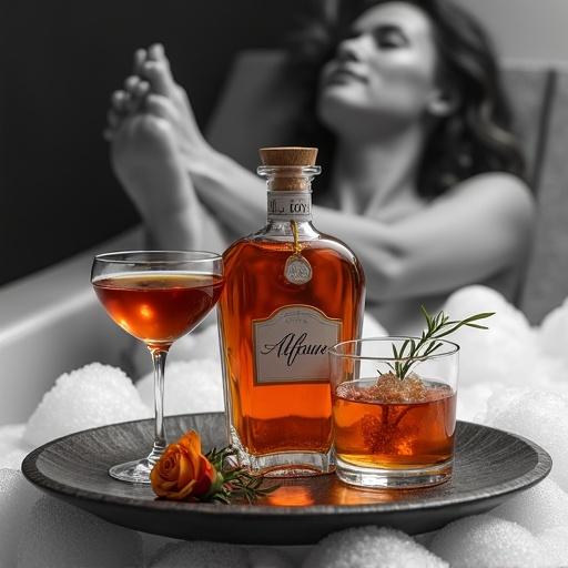 A captivating selective color art piece shows a golden-reddish shimmering color against a black and white background. A close shot features an apothecary-style bottle labeled 'ALFRUNO' on a wooden plate. A beautiful woman relaxes on her stomach surrounded by soap bubbles. Her husband soaps her feet. The bottle glows with a golden-reddish hue. Two cocktail glasses filled with liqueur flank the bottle. Roses and rosemary add decoration. The background features a luxury spa area. The artwork has a rough sketch style with high contrast.