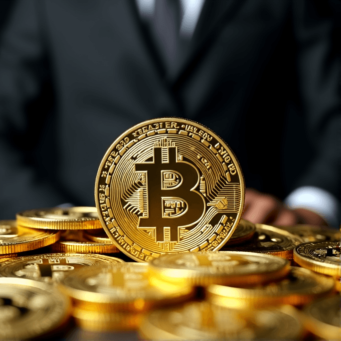 A prominent Bitcoin symbol features on a stack of shiny gold coins with a suited individual in the blurred background.