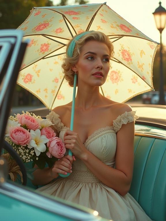 Woman seated in classic teal convertible. She holds floral umbrella with pastel blue and pink design. Wearing corset-style soft beige dress with rose embroidery. Hair styled in loose curls with light blue headband. Right hand on umbrella handle left hand holding bouquet of pink peonies and white lilies. Warm golden hour lighting and soft lens flare enhance vintage aesthetic. Crisp textures and rich color saturation make it ideal for fashion editorial.