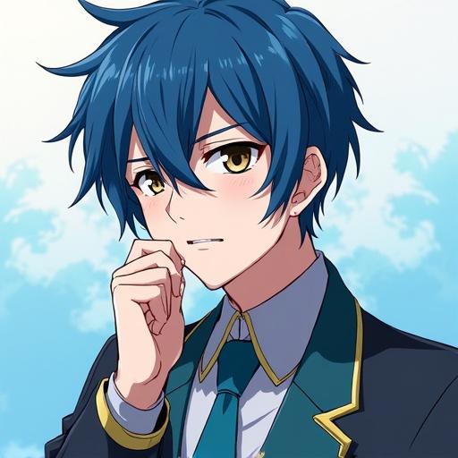 Portrait of a character from Blue Lock anime. Character has short blue hair and is dressed in a formal outfit. Expression shows contemplation or thoughtfulness.