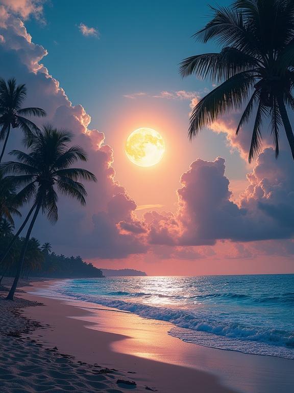 Surreal tranquil beach scene at dusk with dramatic clouds and a large moon. Palm trees line the sandy shore illuminated by ethereal light. Ocean waves lap gently, reflecting celestial hues.