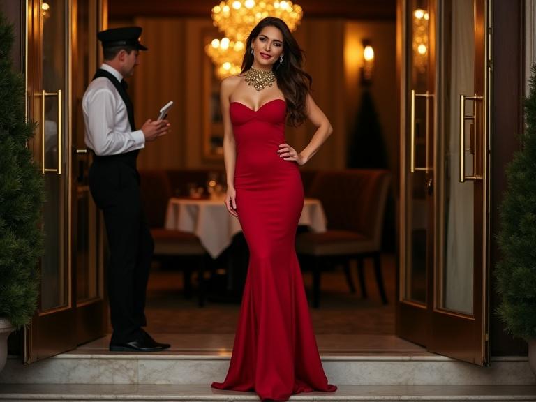 The grand entrance of a high-end restaurant at night. A stunning woman stands confidently on the marble steps. She wears a sleek floor-length crimson dress that drapes elegantly over her curves. The fabric catches the light with a subtle sheen. Her shoulder is bare revealing delicate collarbones adorned with ornate gold jewelry. Her makeup is flawless with bold red lips and smoky eyes. Her rich brown hair is styled in polished waves cascading over one shoulder. She smiles directly at the camera exuding charisma. Behind her the restaurant’s opulent doors are held open by a uniformed attendant offering a glimpse of crystal glasses and linen-draped tables inside. The atmosphere is cinematic.