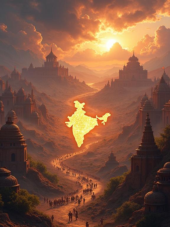 Cinematic 3D pixel art scene of ancient Bharata-varsha showing kingdoms. Massive fortresses and palaces amidst unrest. Dramatic sky with clouds. Anxious people and war drums heard. Flags waving. Center has glowing map of India in golden light. Tense and grand atmosphere of impending war with deep lighting and detailed textures.