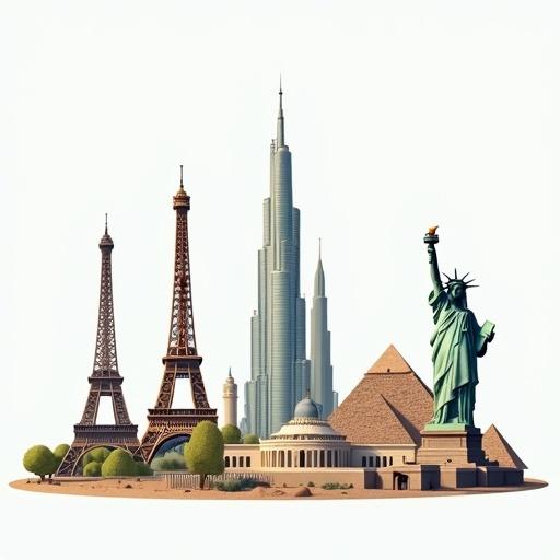 A composite image featuring iconic global landmarks. Includes Eiffel Tower, Leaning Tower of Pisa, Statue of Liberty, Hassan II Mosque, Pyramids, Mecca, Burj Khalifa, and White House. Arranged harmoniously with clear bright lighting.