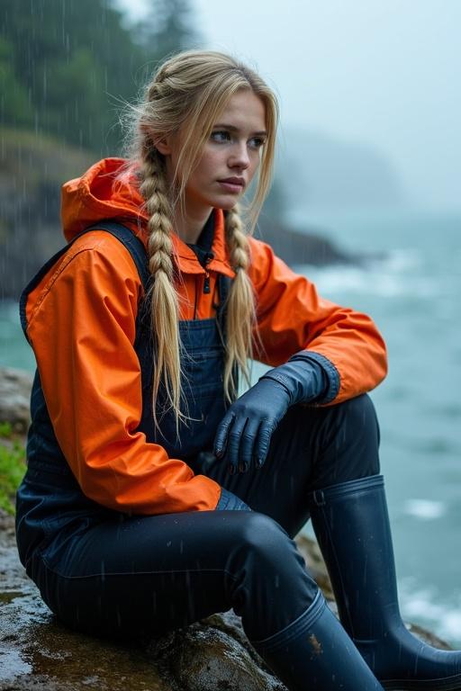Young woman with long blonde hair in pigtails. She wears an orange hooded mackintosh and navy blue latex dungarees. Black latex trousers and gloves add to her fisherman's outfit. Sitting on a cliff, she gazes at the cold sea in heavy rain. Hair and clothes soaked. Storm clouds loom in the background.