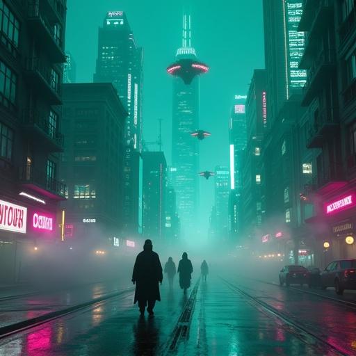 Photorealistic 8K HD wallpaper of a cyberpunk cityscape at night featuring towering neon-lit skyscrapers and wet streets. Includes futuristic flying vehicles with subtle light trails and mysterious humanoid figures in high-tech cloaks walking through mist. Showcases volumetric fog and intricate details, shot with Hasselblad H6D-400c MS at f/8 aperture, ISO 100, ultra-realistic rendering.