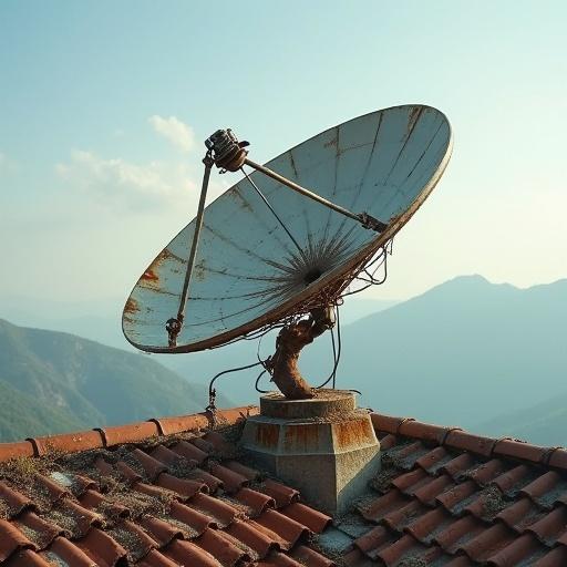 A rusty satellite dish situated on a roof overlooking a mountainous background. The dish is positioned at an angle and is connected with wires. The roof tiles are old and weathered. The atmosphere is calm with clear skies.