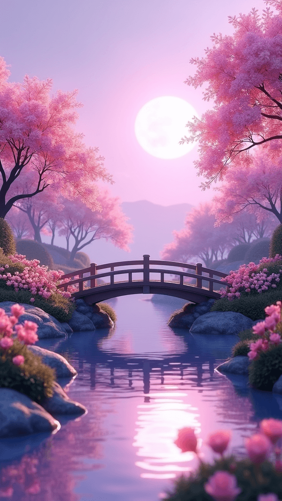 A serene landscape with cherry blossoms and a wooden bridge under a full moon, casting pink and purple reflections on a tranquil river.