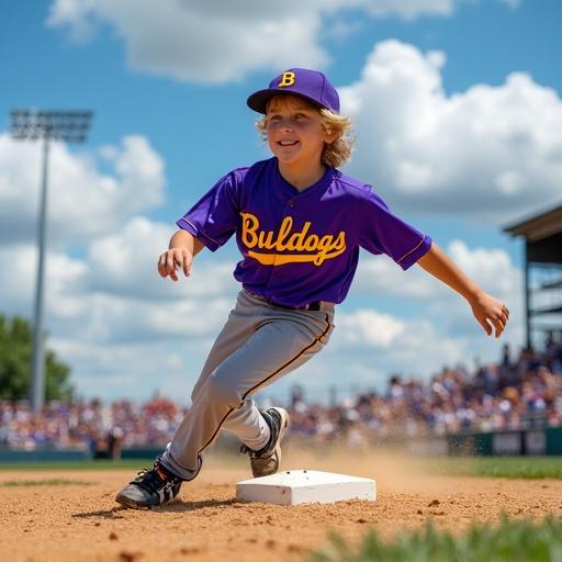 Youth baseball player in purple Bulldogs uniform slides into base. Gray baseball pants. Bright sunny day at stadium. Spectators visible in background. Fluffy clouds in blue sky.