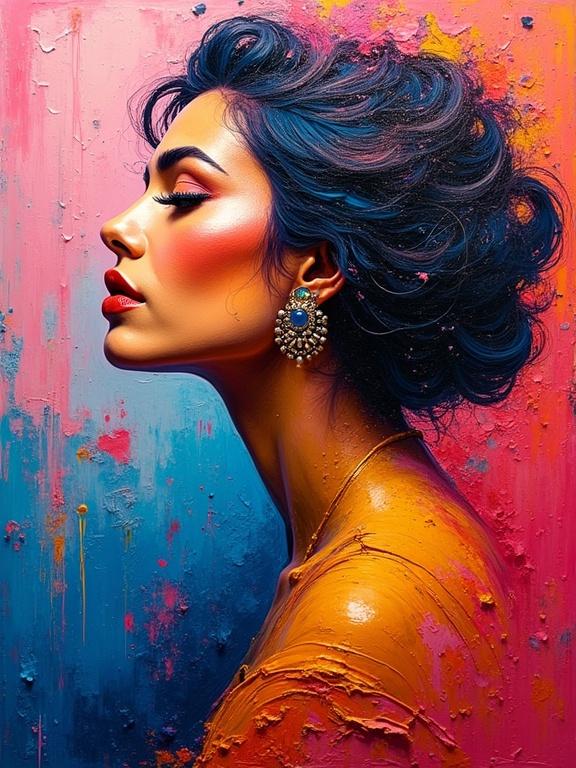 Curvy figure of Cleopatra in a vibrant color explosion. Coral pinks indigo mustard yellows collide in thick impasto waves. Bold palette knife sweeps create deep sculpted texture. Emotional abstraction in expressionist style. Maximalist color theory displayed. Stunning physical brush texture and high-quality details.