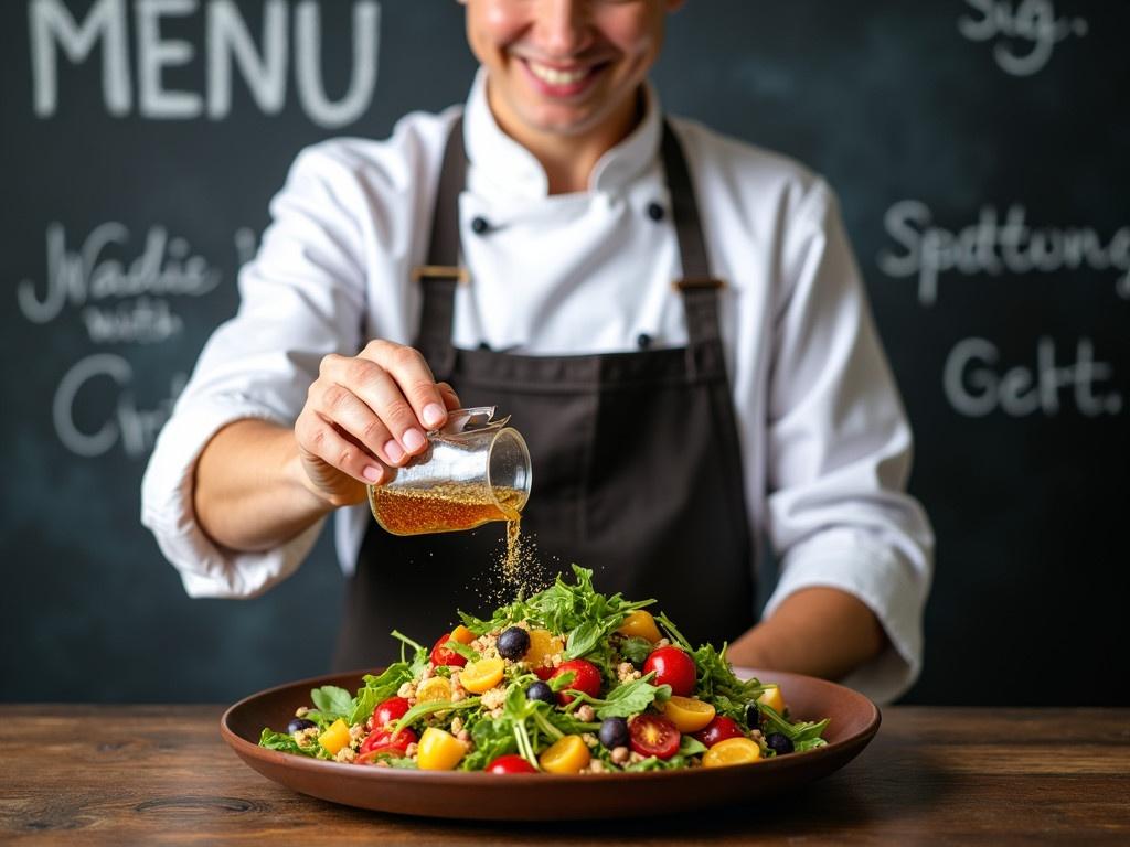 A chef is shown from the neck down, wearing a traditional white chef's coat. They are pouring colorful ingredients over a vibrant, healthy salad that is served on a large brown plate. The background is a chalk blackboard, with the word 'MENU' written in chalk at the top. The salad contains various fresh vegetables and fruits, showcasing a variety of colors. The entire scene conveys a sense of freshness and culinary artistry.