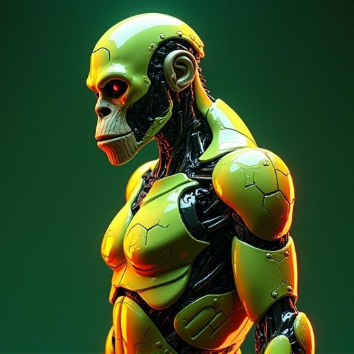 Futuristic robot depicted as an ape with a full body view. Colors are green and orange with thick glass texture. Neon lights outline the figure. Enhanced visualization creates a striking image with backlighting in a studio setting.