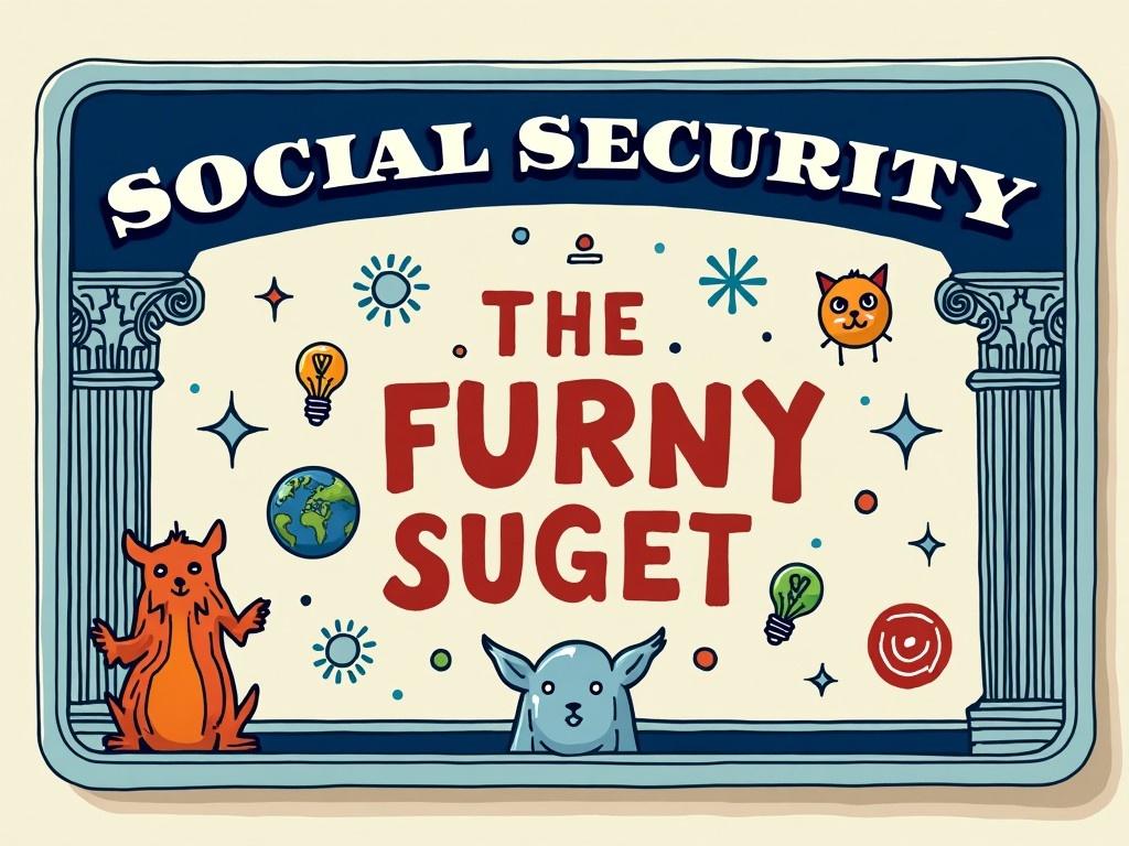 This image is a whimsical take on a Social Security Card, featuring colorful illustrations of animals and decorative elements. The central title reads 'THE FURNY SUGET' in bold, playful typography. Surrounding this title, there are various icons like light bulbs and a globe, adding to the fun aesthetic. The overall color scheme is vibrant, using reds, blues, and greens to draw attention. It seems to convey a sense of humor and creativity, moving away from the traditional serious representation of a Social Security Card.