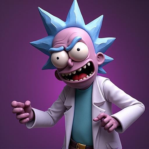 Create a portfolio photo of a character in fighting stance. Character has spiky blue hair, wearing a lab coat. The enemy is purple with four hands and large mouth. Middle shot, dynamic composition.