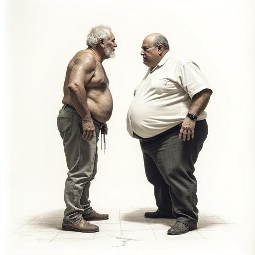 Full body view of two elderly men in a dynamic pose. Background is white. One man is skinny and elderly, the other is overweight. The drawing exhibits good lighting and a realistic atmosphere. The artwork showcases incredible detail and high contrast, with expressive emotional features. The composition includes energetic action and illustrative storytelling elements.