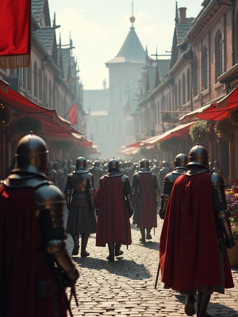 A lively medieval market filled with soldiers in armor. Red banners hang on the storefronts. Cobblestone streets lead towards a distant towering building. Soldiers march together in uniform. Flowers and market stalls add color to the scene.