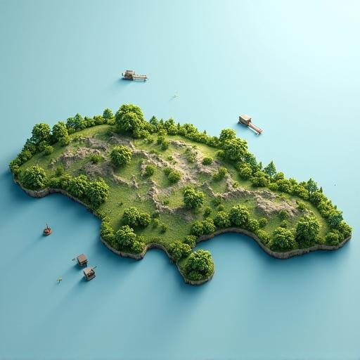 A detailed 3D representation of Jamaica's island shape. Includes green vegetation, an elevated landmass, and blue surrounding water. Features small boats and structures.