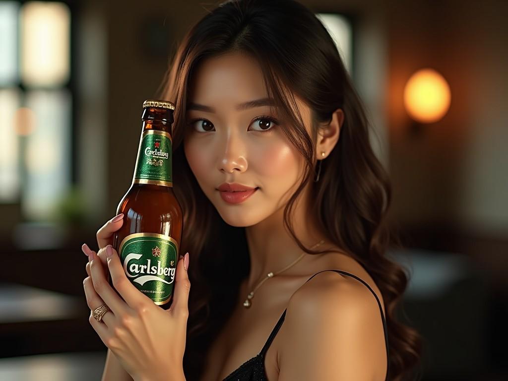 A young woman is holding a bottle of Carlsberg beer, with a warm and inviting expression. She is indoors, presumably in a dimly lit bar or home setting, as indicated by the soft focus lights in the background. Her relaxed posture and gentle smile evoke a sense of calm and enjoyment.