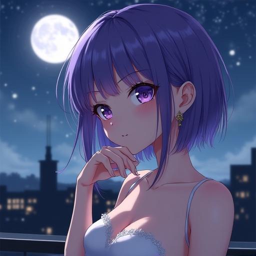 Anime lady with short violet hair and bangs. Purple eyes and fair skin. Wearing an elegant dress with earrings. Hand on chin. Scene on rooftop under a full moon with stars.