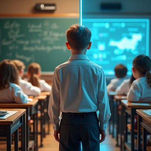 Schoolboy in neat uniform stands in split classroom. Left side traditional with worn desks, dusty blackboard, vintage textbooks. Right side futuristic with touchscreen displays, holographic diagrams, AR glasses. Boy looks in awe towards tech side.