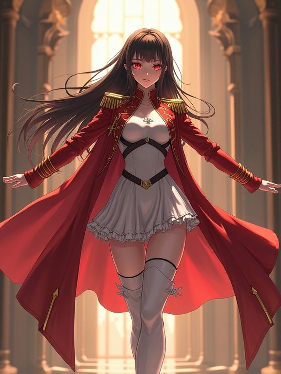 Anime-style illustration of a chaos-themed female character in a grand cathedral. Character has long dark brown hair, sharp red eyes, glowing white skin, and a scar on an hourglass body. Outfit includes a red military jacket with gold epaulettes, white top, short white ruffled skirt, dark thigh-high stockings, and tall white boots. Pose is dynamic and radiates authority. Emphasis on intricate scar and outfit detailing, perfect anatomy, and intense cinematic lighting.