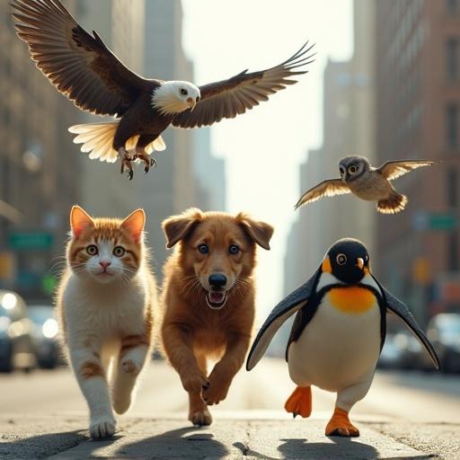 A cat and a dog run alongside a penguin down Broadway. An eagle and an owl fly above with a bat. The scene depicts urban wildlife in motion.