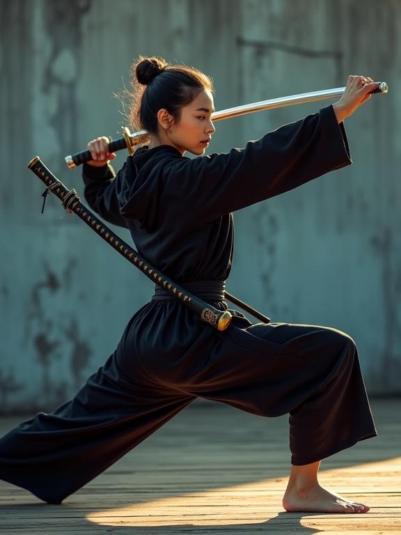 Young woman in dynamic kung fu stance, body angled sharply to the side, left knee bent resting on wooden floor, right leg extended back flat on ground. Right hand grips katana raised above shoulder, forearm parallel, wrist slightly supinated. Left hand touches floor near left knee. Visible muscle tension in legs and arms, natural joint angles. Wearing black martial arts outfit, no gloves. Background features weathered blue-grey concrete wall, wooden floor. Warm lighting casts soft shadows. Film style mimics Kodak Portra 400, focus on hand anatomy and sword details.