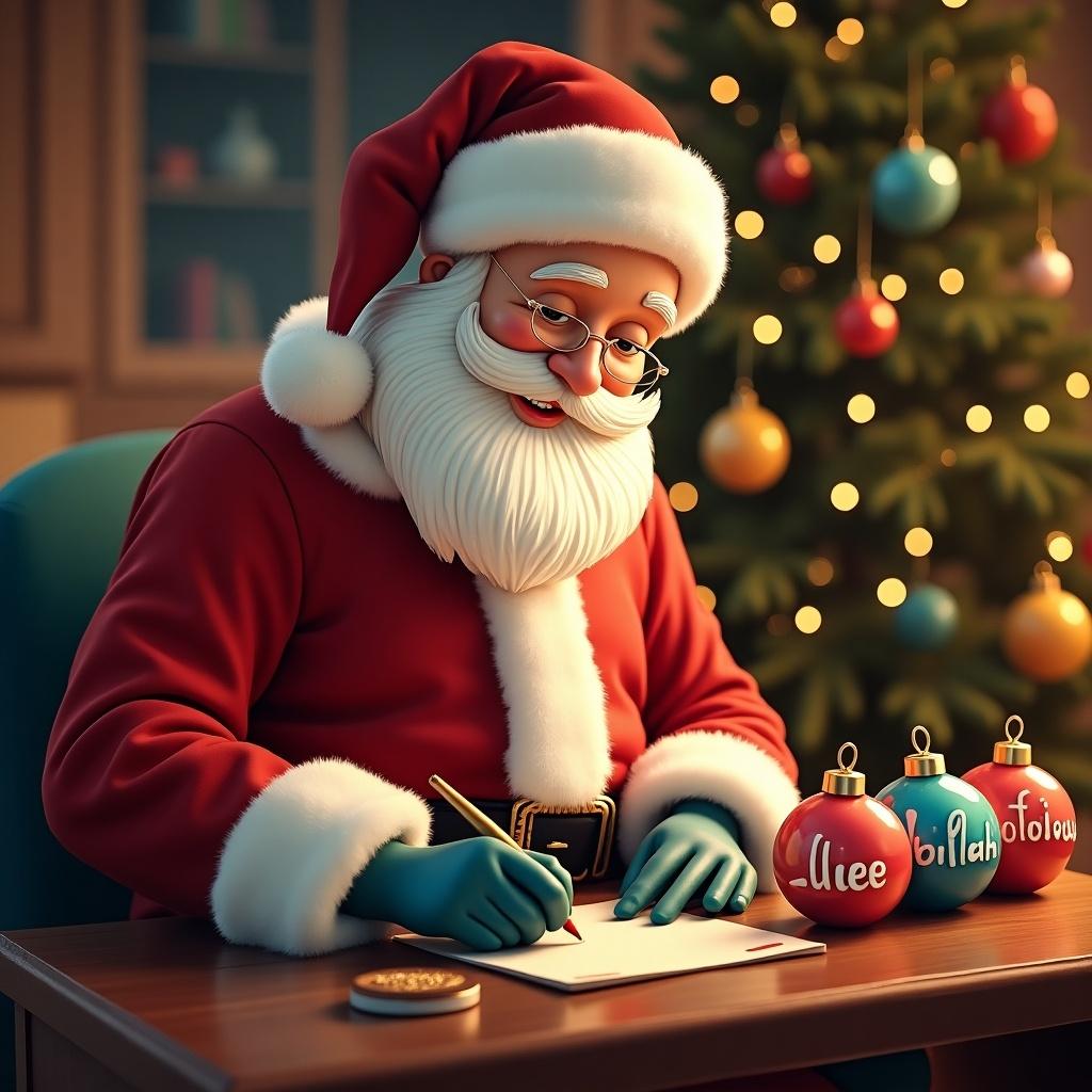 Santa Claus in a cozy Christmas setting. Writing names on colorful baubles. Surrounded by Christmas tree and decorations.