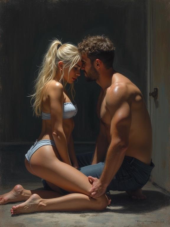 Realistic colored pencil drawing of a teen woman in a bikini kneeling, while facing a bare-chested male figure in a dark room. Emotionally charged atmosphere with visible distress and connection.