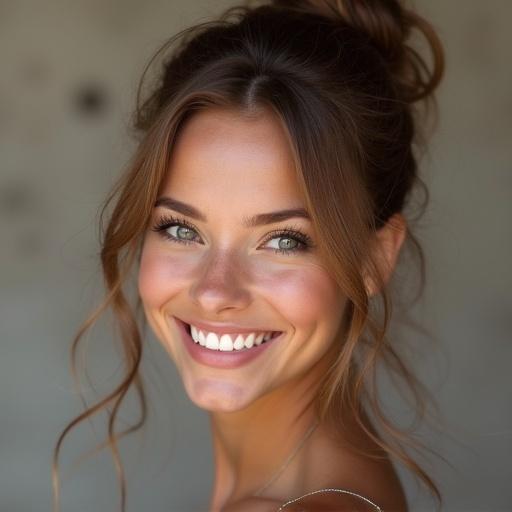 Image of a woman with a delightful smile and captivating eyes. Close-up portrait showcasing beauty and charm. Natural lighting highlights facial features. Soft focus emphasizes warmth.