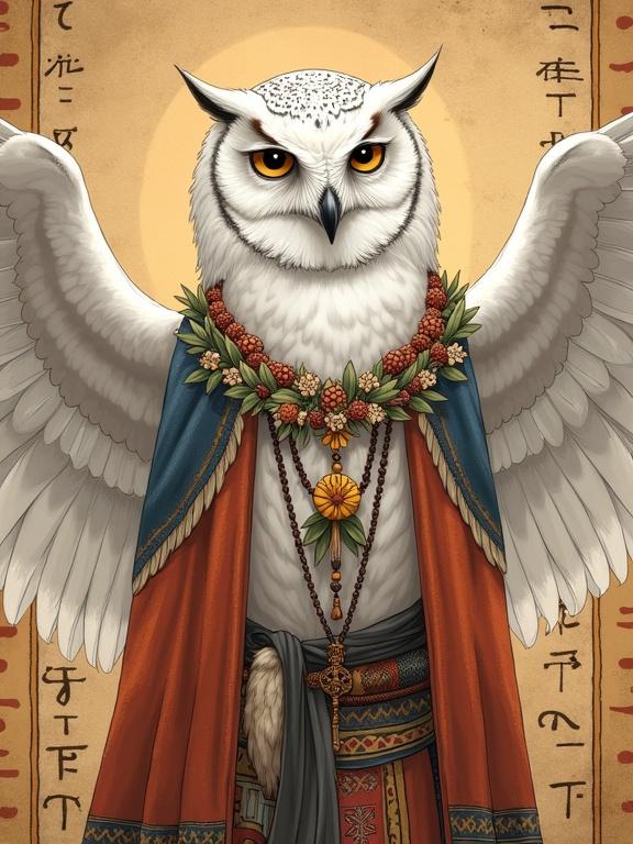 Anime style digital illustration of a white owl. Owl has realistic anatomy. Owl wears traditional Indian folk robes with layered patterns. Necklaces of beads adorn her. Fur trims decorate the robes. Owl has a wildflower wreath. Wings are spread gracefully. Owl has sharp intelligent eyes. Soft feathers contribute to a mystical atmosphere. Background features ancient papyrus with mystical runes. Soft warm lighting enhances the artwork. Dramatic shadows and cinematic composition are highlighted. Detailed textures create realistic art style.