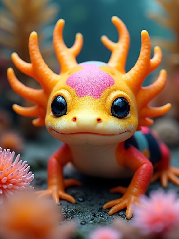 Image of a vividly colored amphibious creature inspired by an axolotl with bright colors in a lush coral-like environment. Close-up perspective. Soft diffuse lighting. Beautiful textures and details in flora and creature.