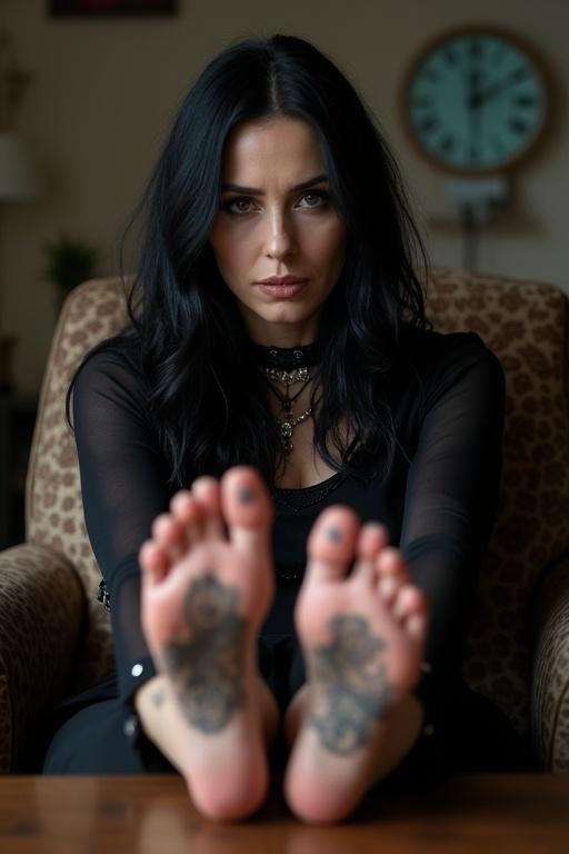 Mature goth woman with black long hair sits on a chair. She displays her tattooed soles of bare feet on the coffee table. Fashion accessories complement her outfit.