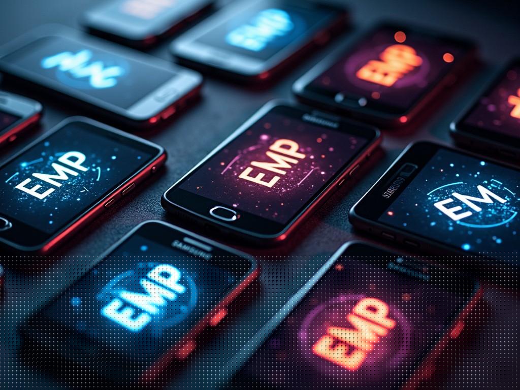 The image depicts a collection of smartphones arranged in a dynamic pattern, each displaying the acronym 'EMP' against a backdrop of colorful, digital graphics. The screens emit vibrant hues of blue, red, and orange, creating an eye-catching contrast against the dark surface on which the phones rest. This arrangement highlights the concept of electromagnetic pulses and their impact on digital devices.