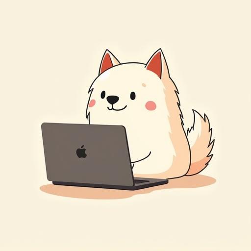 Vectorized minimalist illustration of a simple samoyedo dog coding on a MacBook. The design is created with basic strokes and a light color palette.