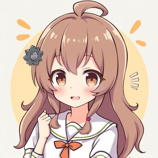 A cute anime girl with long hair wearing a white outfit with a bow. She has a cheerful expression and is posed playfully. Bright background with a lighthearted vibe.