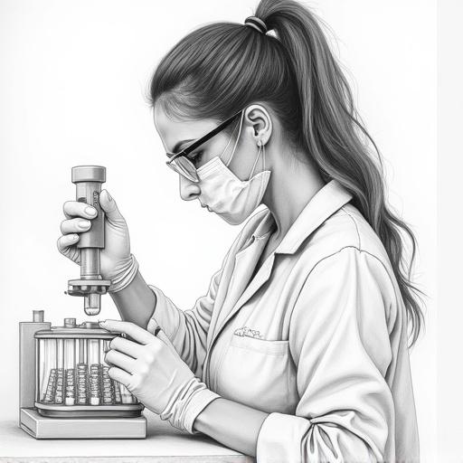 Pencil drawing showing woman in a biology lab. She conducts a PCR experiment while using a pipette. The scene portrays laboratory equipment and scientific focus.