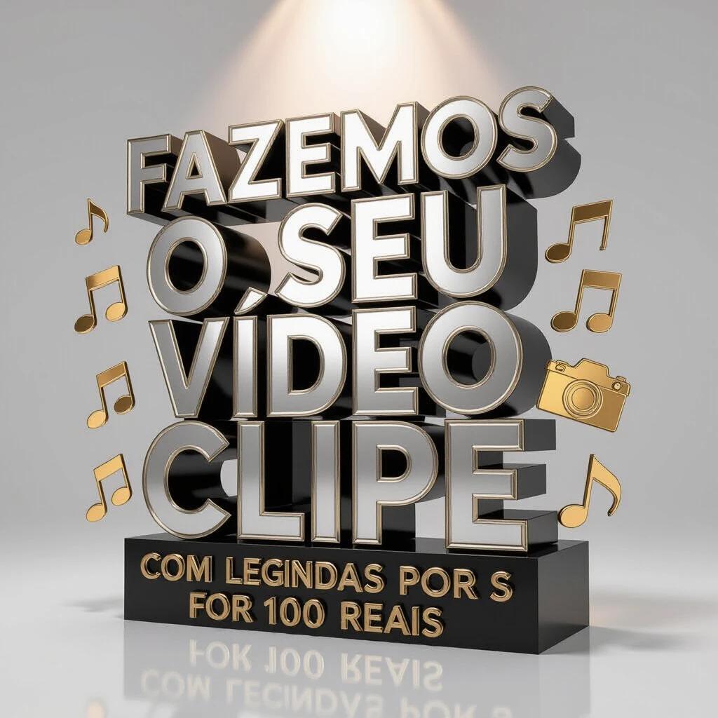Create a large central 3D text image that reads 'FAZEMOS O SEU VÍDEO CLIPE'. Below, add smaller secondary text: 'COM LEGENDAS POR 100 REAIS'. The design should be modern with silver and gold 3D lettering. Include 3D icons of music, a camera, and a subtitle symbol. The background should be clean with soft lighting for a professional touch.