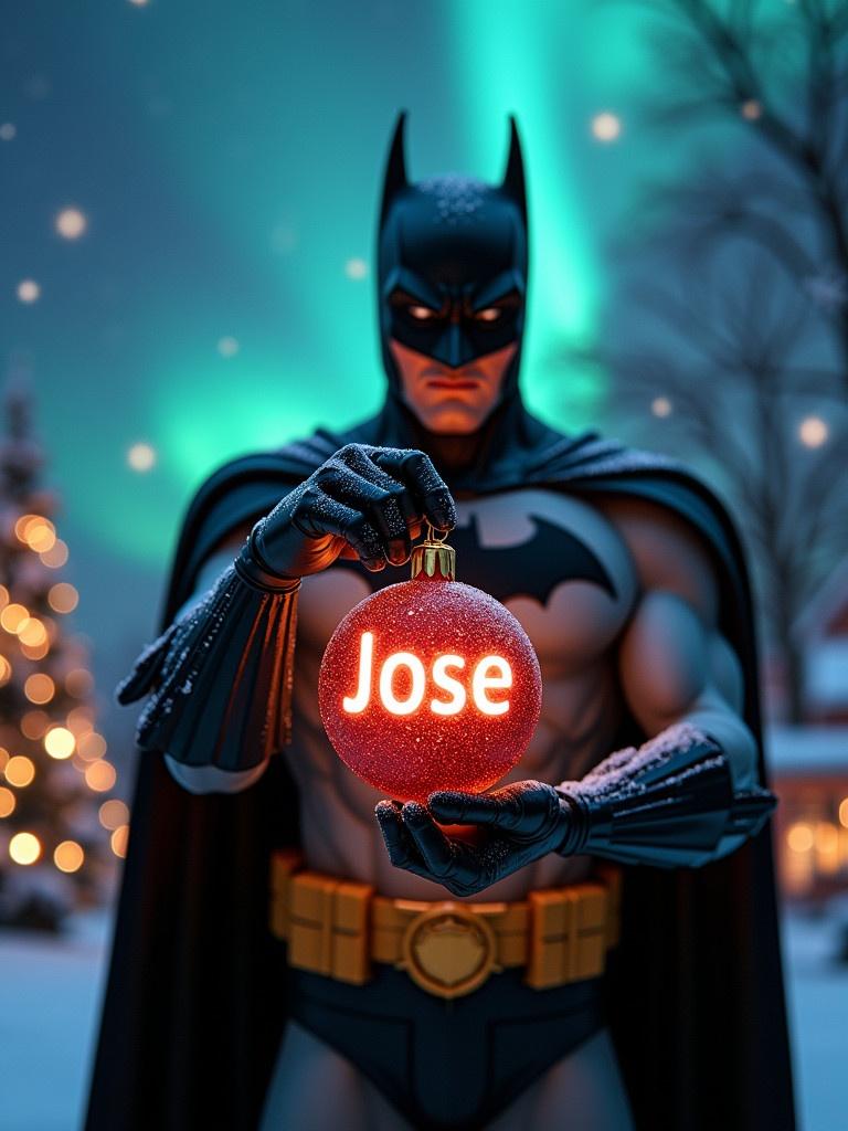 Enchanting Christmas scene featuring Batman holding a magic ornament with the name Jose in a glowing font. Northern lights add a magical ambiance. The atmosphere portrays festive Christmas spirit with a whimsical twist.