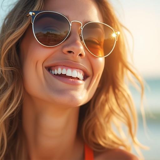 Close-up of a smiling person with perfect white teeth. Bright and cheerful summer atmosphere. Beach or park setting. Summer happiness. Soft lighting with reflections in sunglasses. Joyful expression. Tooth or dental elements subtly integrated.