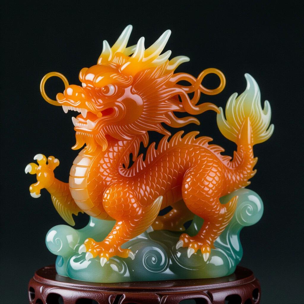 Orange dragon sculpture made of jade sitting on cloud designs. Brightly carved with intricate details. Represents strength and good fortune. Crafted with vibrant orange hues and green accents.