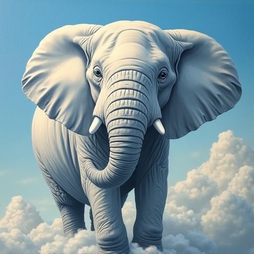 An elephant crafted from clouds. Created using oil painting in a pop art style. Shows a whimsical representation of an elephant hovering above fluffy clouds.