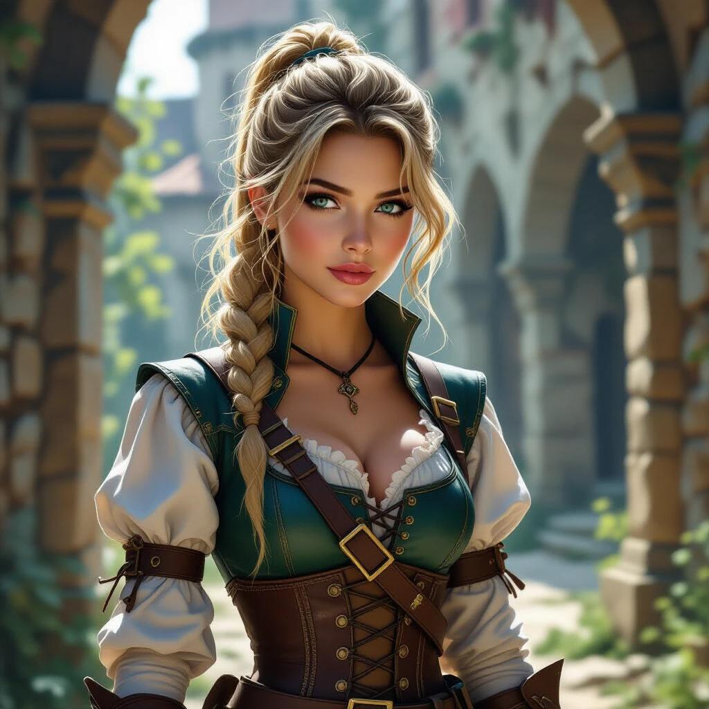 A portrait of a beautiful girl in a medieval RPG setting. She has blonde hair styled in an upsweep. Dressed as a swashbuckler rogue, she wears a teal corset and leather pants. The background shows overgrown ancient ruins indoors, with bright morning light illuminating the scene through atmospheric fog.