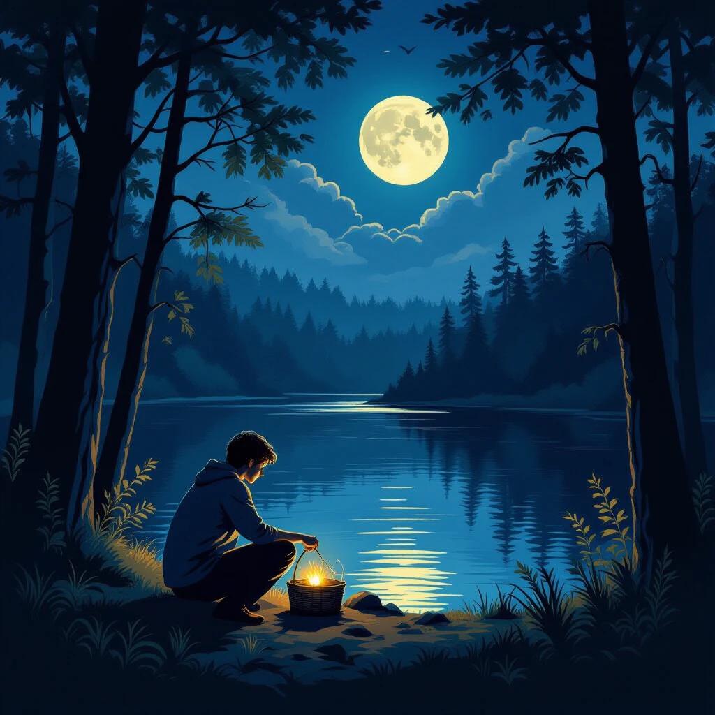 A boy explores the forest at night. The moon illuminates the dark lake. He gathers herbs at the water's edge. Shadows move among trees. An eerie whisper floats through the air.