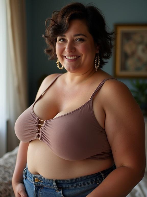 Portrait of a mature woman with curly short hair. She has a plump figure and wears a casual top with a scoop neckline. The background shows a well-lit indoor setting.